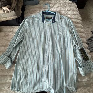 Men's Striped Dress Shirt in Light Blue and White with Contrast Navy Collar